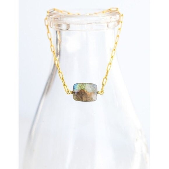 Beautiful Labradorite Gemstone Faceted Bracelet Gold Paperclip Chain Bracelet - Picture 4 of 6